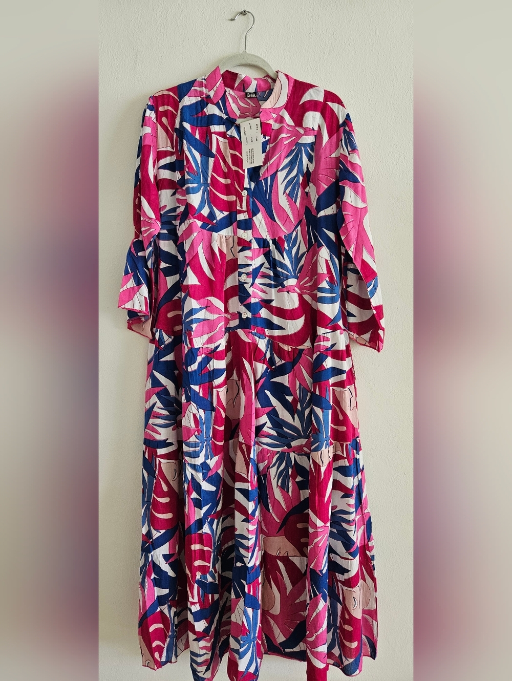 Maxi Shirt Dress in Pink & Blue Tropical Print